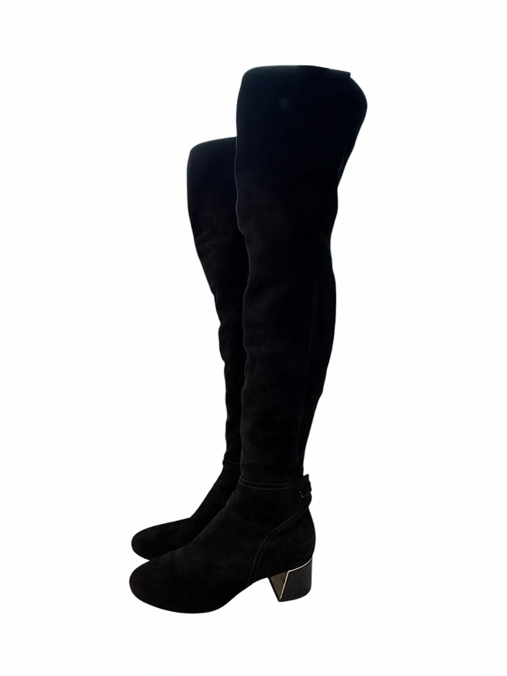 Tory Burch Black Suede leather Over The Knee Boots Gold Logo Block Heel 7.5
